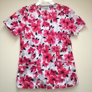 ELLE Scrub Top - Size XS Floral V-neck 2-Pockets
